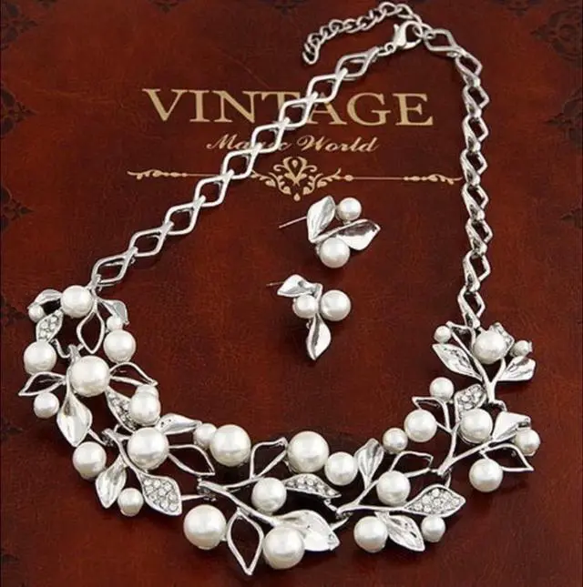 Alt view image 6 of 7 - Leaf Crystal Simulated Pearl Wedding Jewelry Necklaces Earrings Sets (Gold)