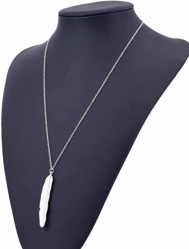 Alt view image 6 of 7 - Vintage Long Necklace Jewelry Simple Feather Pendant Necklaces (Silver)