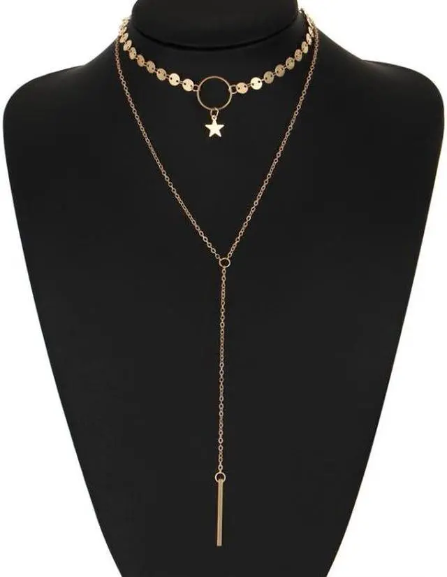Main image of Simple Sexy Handmade Sequins Star Tassels Circle Clavicle Chain Long Pendant Double-layer Chain (Gold)