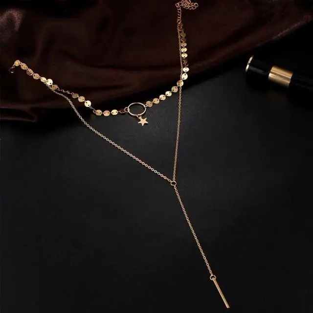 Alt view image 2 of 5 - Simple Sexy Handmade Sequins Star Tassels Circle Clavicle Chain Long Pendant Double-layer Chain (Gold)