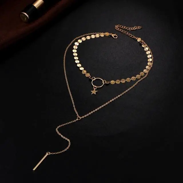 Alt view image 3 of 5 - Simple Sexy Handmade Sequins Star Tassels Circle Clavicle Chain Long Pendant Double-layer Chain (Gold)