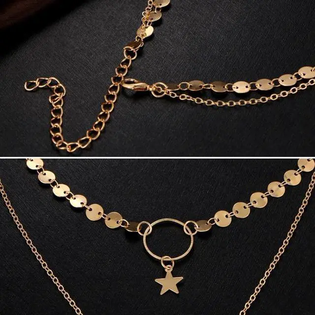 Alt view image 5 of 5 - Simple Sexy Handmade Sequins Star Tassels Circle Clavicle Chain Long Pendant Double-layer Chain (Gold)