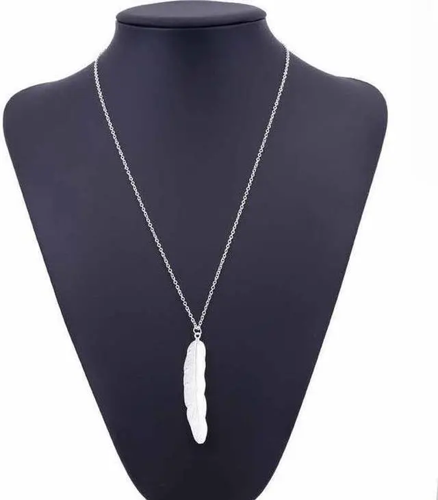 Main image of Vintage Long Necklace Jewelry Simple Feather Pendant Necklaces (Silver)