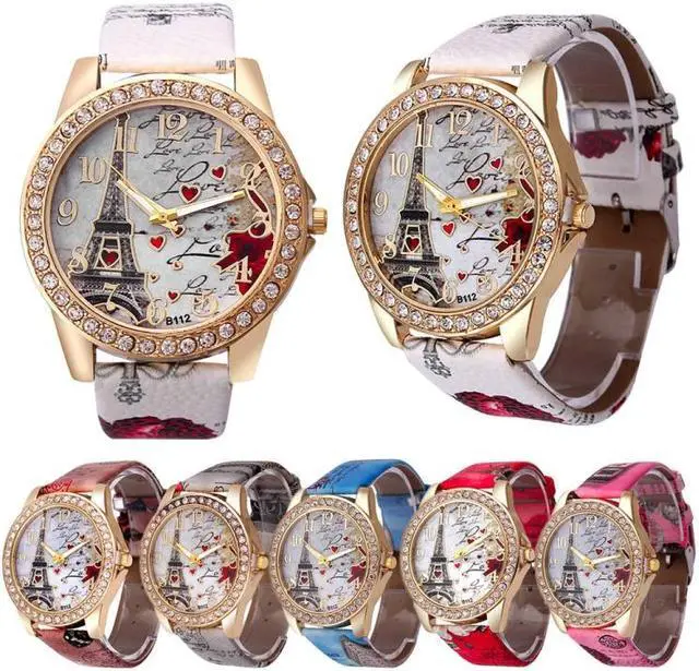 Alt view image 5 of 5 - Eiffel Tower + Heart Pattern Leather Strap Quartz Watch for Women (White)