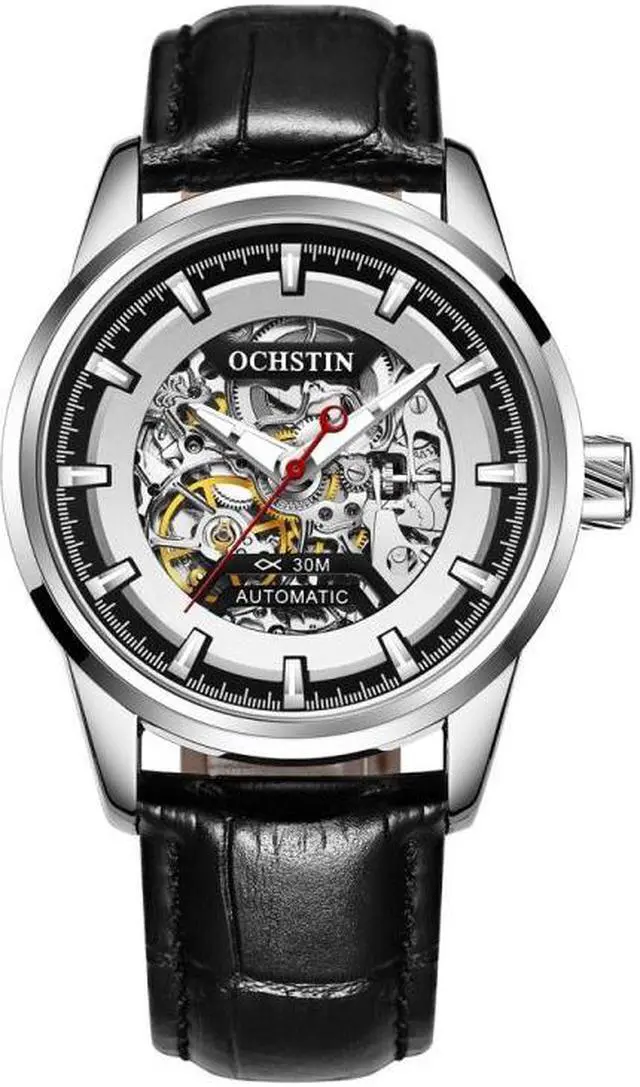Main image of Ochstin 2002C Men  Automatic Hollow Leather Mechanical Watch Business Waterproof Night Light Men Watch Mechanical Watch(Black) (Silvery)