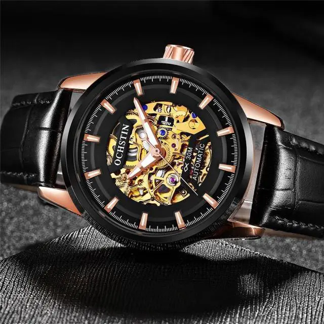 Alt view image 3 of 7 - Ochstin 2002C Men  Automatic Hollow Leather Mechanical Watch Business Waterproof Night Light Men Watch Mechanical Watch(Black) (Silvery)