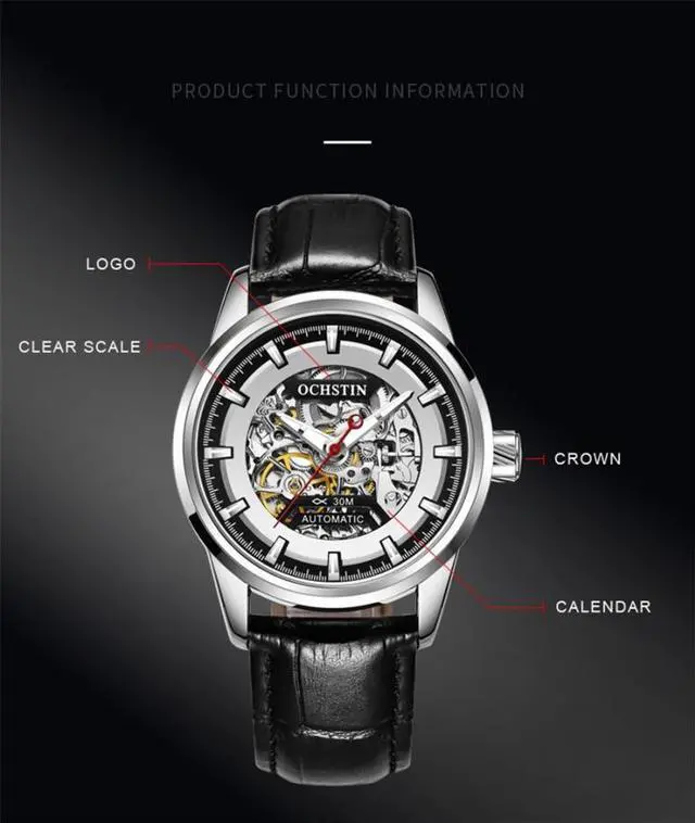 Alt view image 4 of 7 - Ochstin 2002C Men  Automatic Hollow Leather Mechanical Watch Business Waterproof Night Light Men Watch Mechanical Watch(Black) (Silvery)