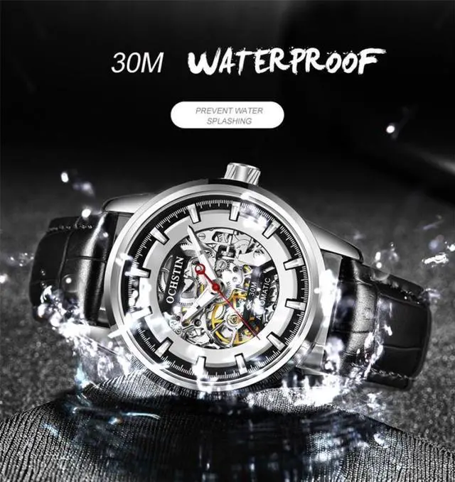 Alt view image 5 of 7 - Ochstin 2002C Men  Automatic Hollow Leather Mechanical Watch Business Waterproof Night Light Men Watch Mechanical Watch(Black) (Silvery)