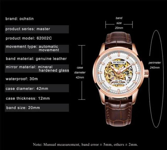Alt view image 6 of 7 - Ochstin 2002C Men  Automatic Hollow Leather Mechanical Watch Business Waterproof Night Light Men Watch Mechanical Watch(Black) (Silvery)
