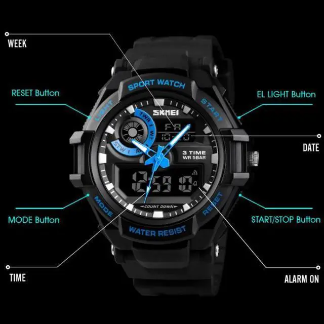 Alt view image 4 of 7 - SKMEI 1357 Mens Multifunctional Sports Digital Watch Student Waterproof Watch (Blue)