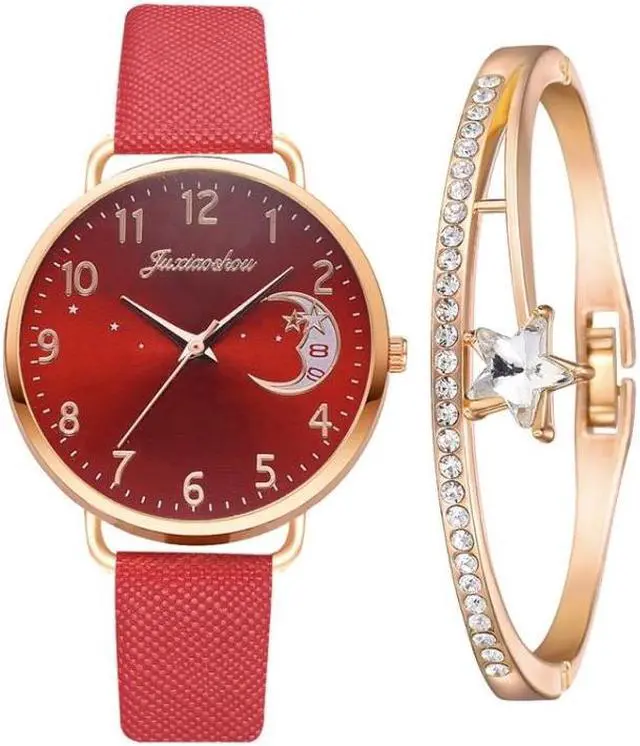 Main image of Ladies Moon Pattern Dial PU Strap Quartz Watch, Color: Red+Bracelet, Size:Red+Bracelet