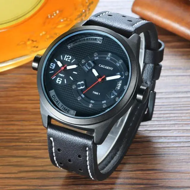 Alt view image 3 of 7 - CAGARNY 6816 Living Waterproof Round Dial Dual Quartz Movement Alloy Case Fashion Watch Quartz Watches with Leather Band (Blue) Black