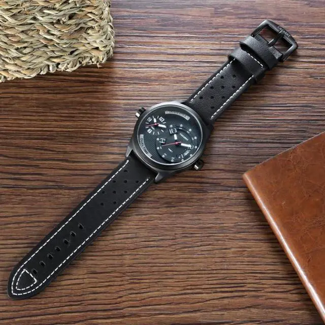 Alt view image 4 of 7 - CAGARNY 6816 Living Waterproof Round Dial Dual Quartz Movement Alloy Case Fashion Watch Quartz Watches with Leather Band (Blue) Black