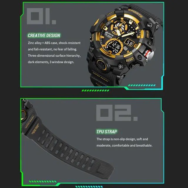 Alt view image 4 of 7 - STRYVE S8027 Sports Multifunctional Luminous Dual Display Chronograph Student Watch (Gold)