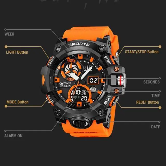 Alt view image 6 of 7 - STRYVE S8027 Sports Multifunctional Luminous Dual Display Chronograph Student Watch (Gold)