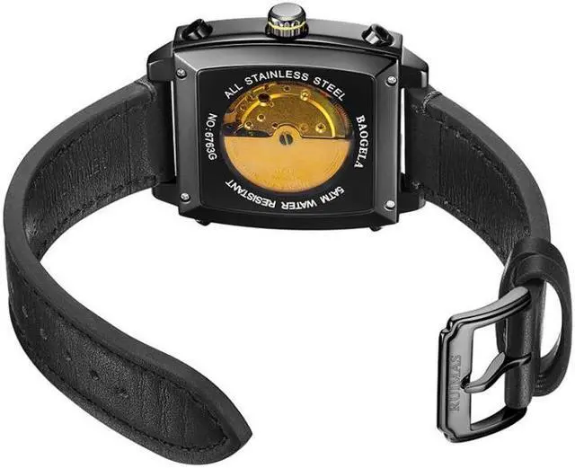 Alt view image 4 of 7 - BAOGELA 6763G Square Dial Leather Strap Clock Calendar Mechanical Watch For Men (Black)
