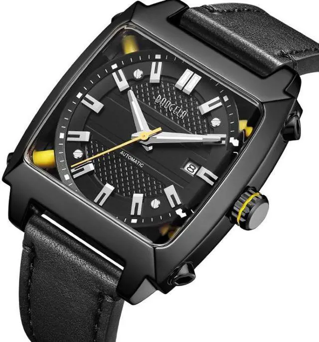 Alt view image 3 of 7 - BAOGELA 6763G Square Dial Leather Strap Clock Calendar Mechanical Watch For Men (Black)