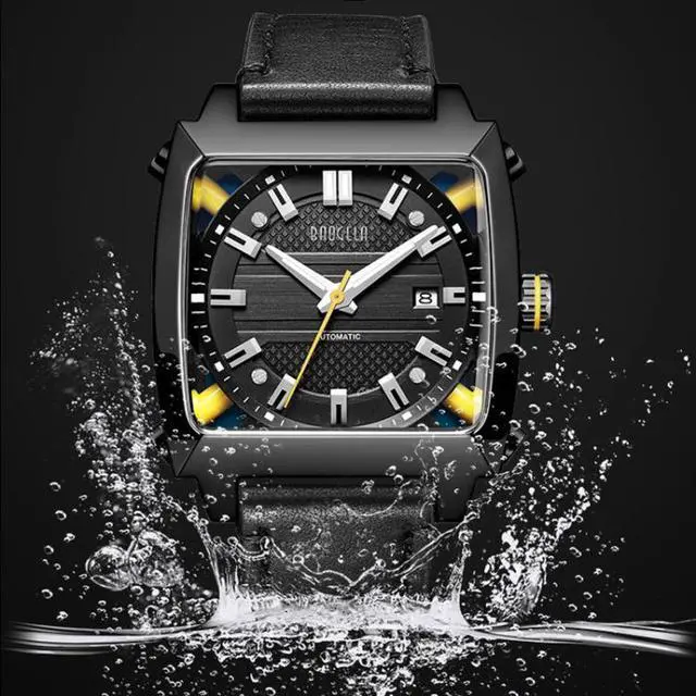 Alt view image 6 of 7 - BAOGELA 6763G Square Dial Leather Strap Clock Calendar Mechanical Watch For Men (Black)
