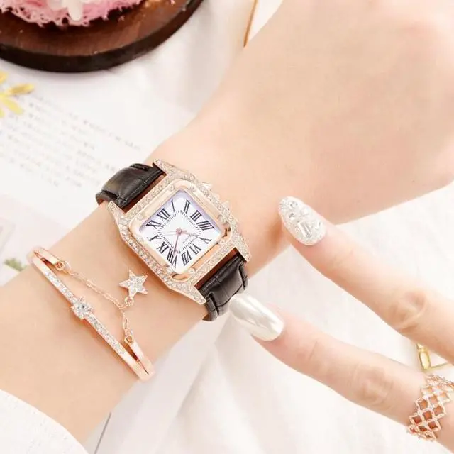 Main image of Women Tonneau Square Strap Quartz Watch, Color: Black+Bracelet, Size:Black+Bracelet