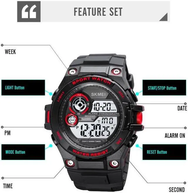 Alt view image 5 of 7 - SKMEI 1759 Dual Time Digital Display Waterproof PU Leather Strap Luminous Electronic Watch (Red)