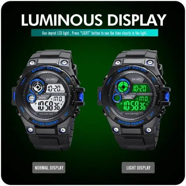 Alt view image 7 of 7 - SKMEI 1759 Dual Time Digital Display Waterproof PU Leather Strap Luminous Electronic Watch (Red)