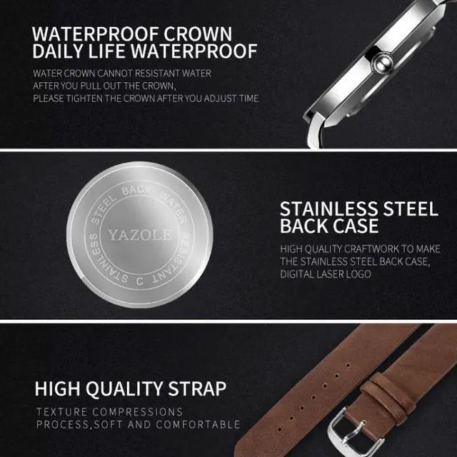 Alt view image 3 of 5 - YAZOLE 503 Simple Line Pattern Dial Men Quartz Watch (Silver Shell White Tray Brown Belt)