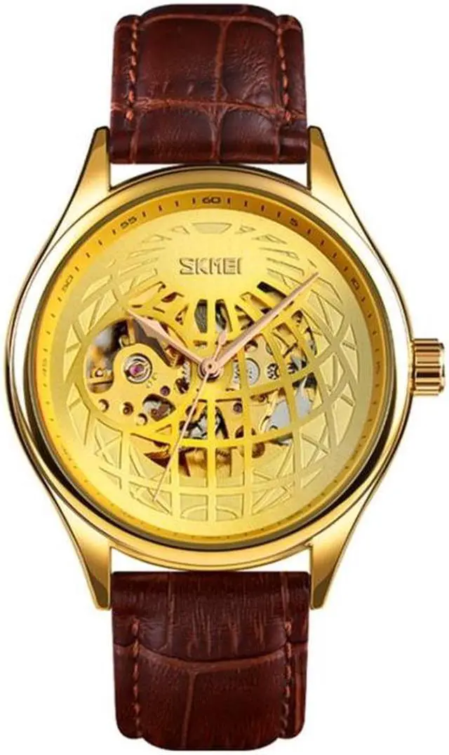 Main image of SKMEI 9209 Men Business Automatic Mechanical Watch Round Hollow Dial Leather Watchband Watch (Golden Gold)