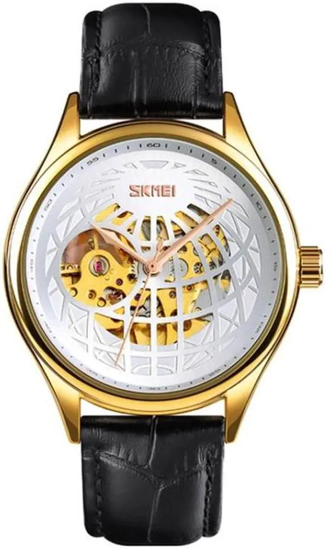 Alt view image 2 of 7 - SKMEI 9209 Men Business Automatic Mechanical Watch Round Hollow Dial Leather Watchband Watch (Golden Gold)
