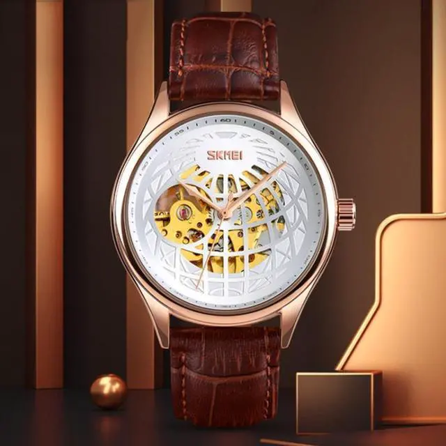 Alt view image 3 of 7 - SKMEI 9209 Men Business Automatic Mechanical Watch Round Hollow Dial Leather Watchband Watch (Golden Gold)