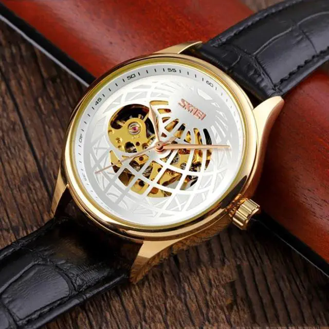 Alt view image 4 of 7 - SKMEI 9209 Men Business Automatic Mechanical Watch Round Hollow Dial Leather Watchband Watch (Golden Gold)