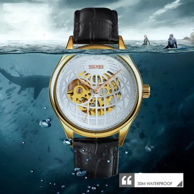 Alt view image 5 of 7 - SKMEI 9209 Men Business Automatic Mechanical Watch Round Hollow Dial Leather Watchband Watch (Golden Gold)