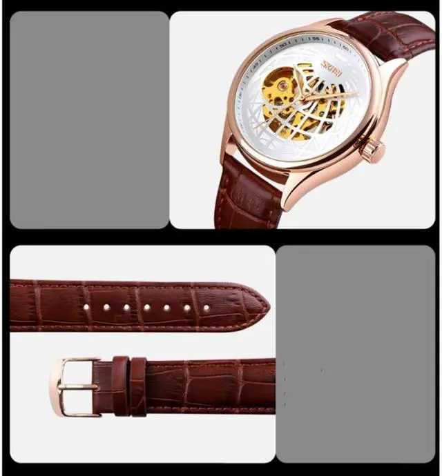 Alt view image 6 of 7 - SKMEI 9209 Men Business Automatic Mechanical Watch Round Hollow Dial Leather Watchband Watch (Golden Gold)