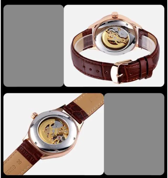 Alt view image 7 of 7 - SKMEI 9209 Men Business Automatic Mechanical Watch Round Hollow Dial Leather Watchband Watch (Golden Gold)