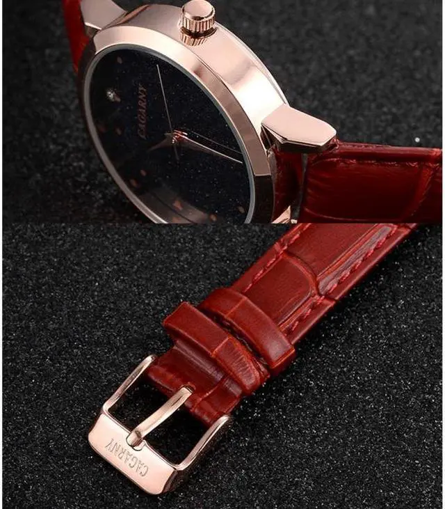 Alt view image 5 of 7 - CAGARNY 6875 Round Dial Water Resistant Starry Sky Pattern Fashion Women Quartz Wrist Watch with Leather Band (Red)
