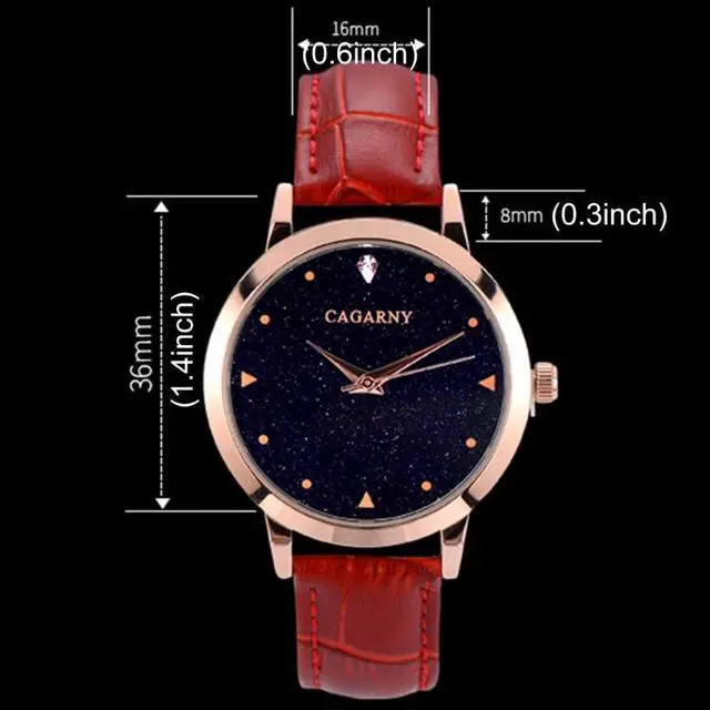Alt view image 6 of 7 - CAGARNY 6875 Round Dial Water Resistant Starry Sky Pattern Fashion Women Quartz Wrist Watch with Leather Band (Red)