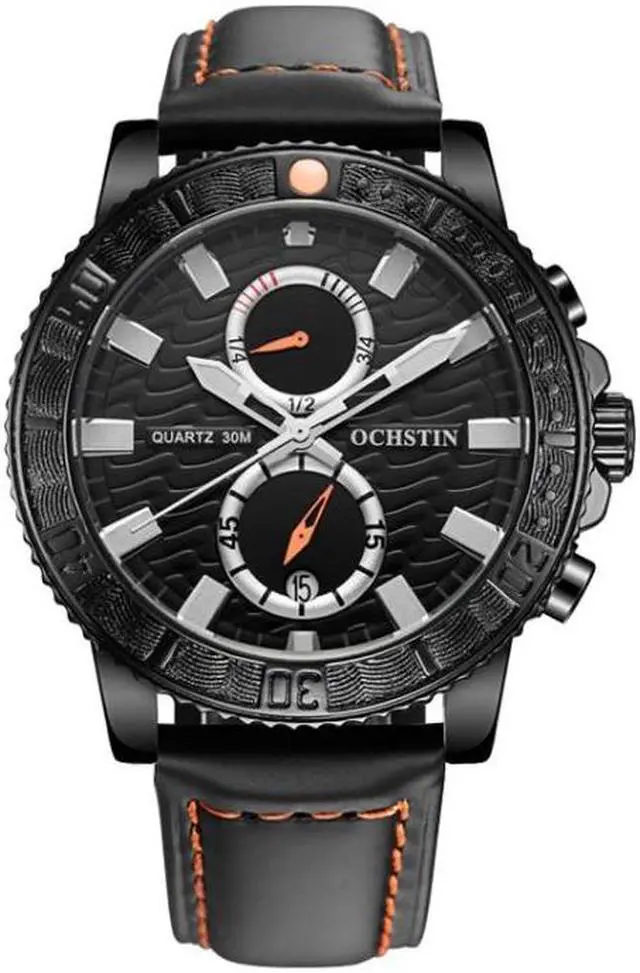 Main image of Ochstin 6045A Multifunctional Quartz Luminous Genuine Leather Men Watch (Black+Black)