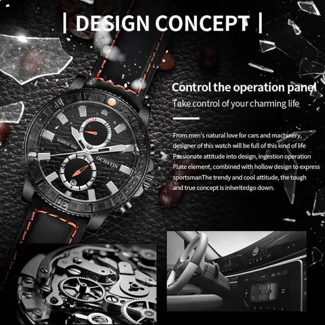 Alt view image 4 of 7 - Ochstin 6045A Multifunctional Quartz Luminous Genuine Leather Men Watch (Black+Black)