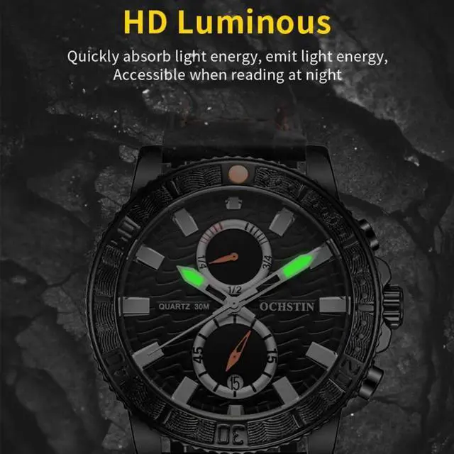 Alt view image 5 of 7 - Ochstin 6045A Multifunctional Quartz Luminous Genuine Leather Men Watch (Black+Black)