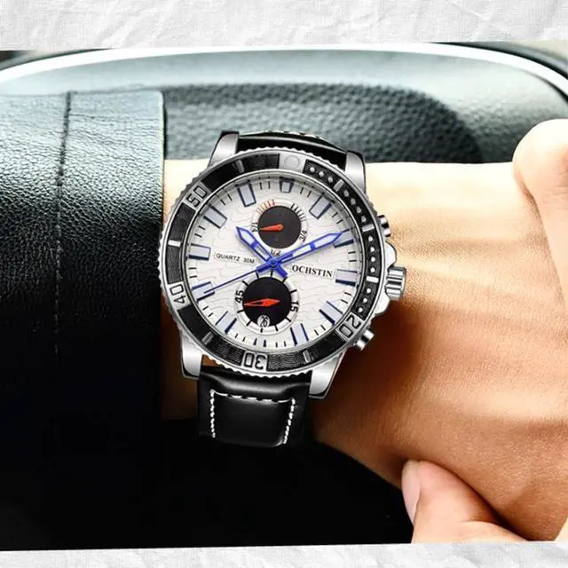 Alt view image 7 of 7 - Ochstin 6045A Multifunctional Quartz Luminous Genuine Leather Men Watch (Black+Black)