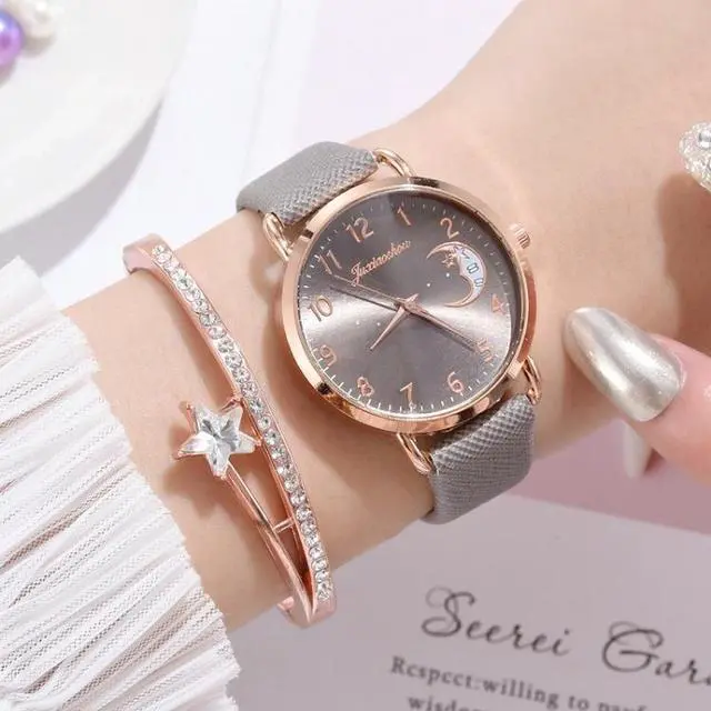 Alt view image 4 of 5 - Ladies Moon Pattern Dial PU Strap Quartz Watch, Color: Tianlan+Bracelet Tianlan+Bracelet