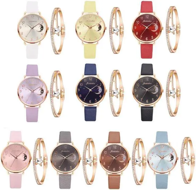 Alt view image 5 of 5 - Ladies Moon Pattern Dial PU Strap Quartz Watch, Color: Tianlan+Bracelet Tianlan+Bracelet