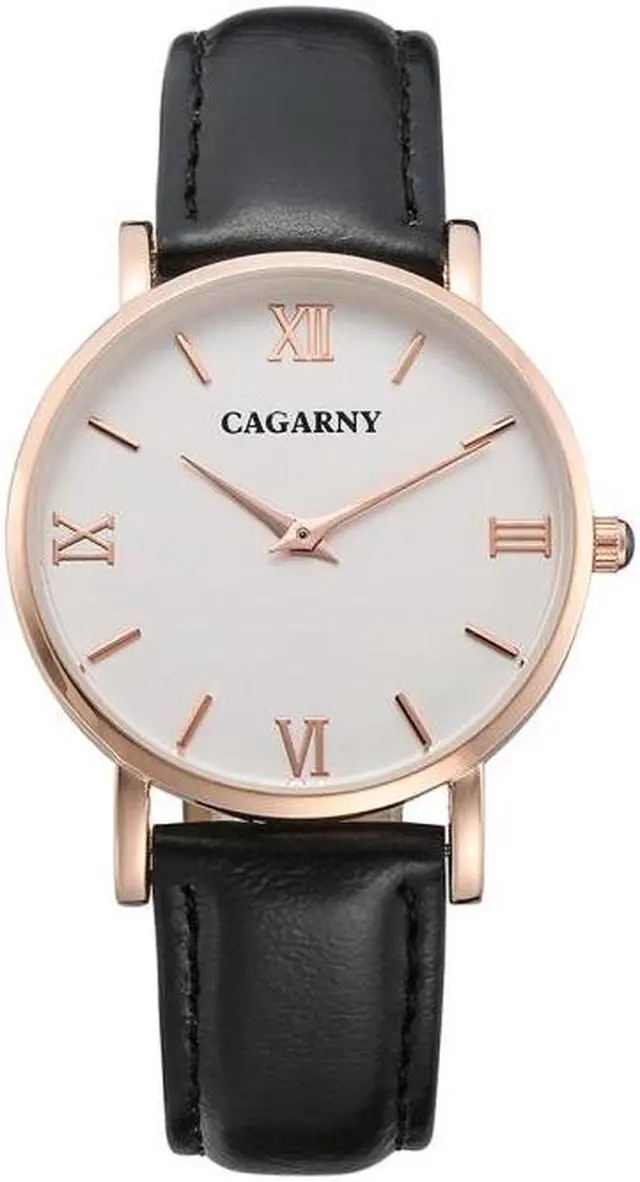 Alt view image 2 of 6 - CAGARNY 6813 Concise Style Ultra Thin Rose Gold Case Quartz Wrist Watch with Leather Band for Women (Black)