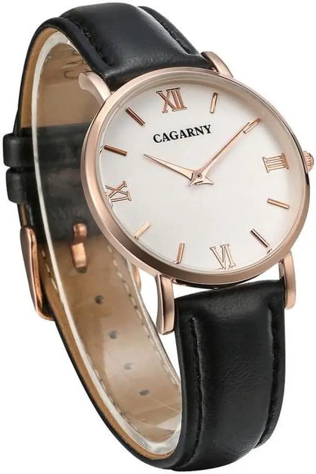 Alt view image 4 of 6 - CAGARNY 6813 Concise Style Ultra Thin Rose Gold Case Quartz Wrist Watch with Leather Band for Women (Black)