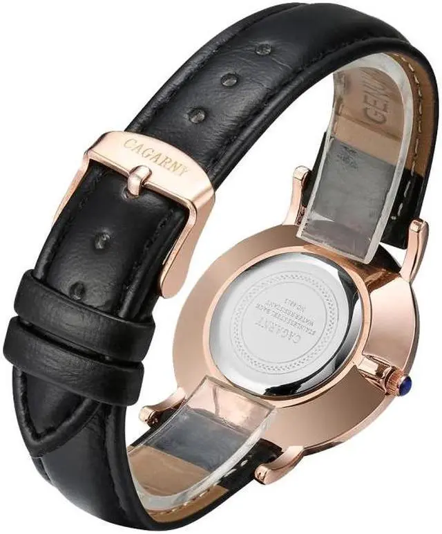 Alt view image 5 of 6 - CAGARNY 6813 Concise Style Ultra Thin Rose Gold Case Quartz Wrist Watch with Leather Band for Women (Black)