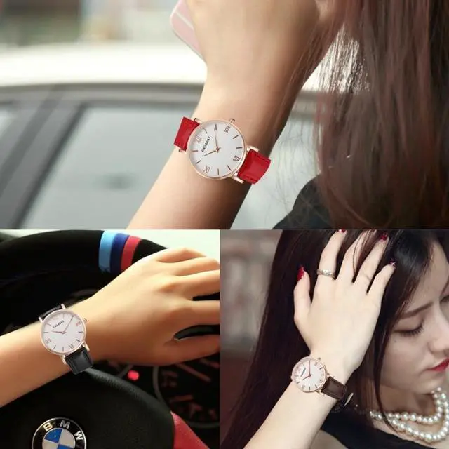 Alt view image 6 of 6 - CAGARNY 6813 Concise Style Ultra Thin Rose Gold Case Quartz Wrist Watch with Leather Band for Women (Black)