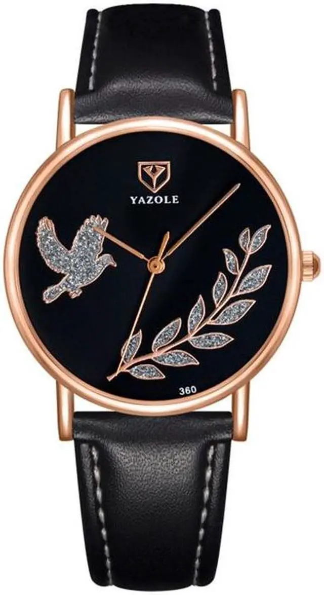 Main image of YAZOLE 360 Leather Band Dove of Peace Diamond Lady Watch (Black+Black)