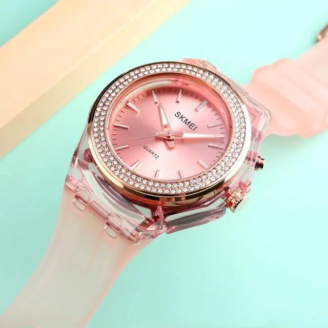 Alt view image 3 of 7 - SkMEI 1553 Women LED Color Light Transparent Waterproof Watch Inlaid With Water Drill (Silvery)