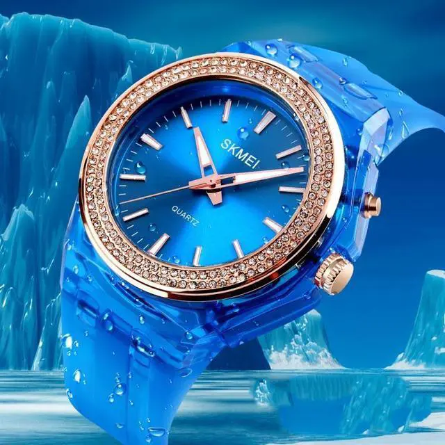 Alt view image 4 of 7 - SkMEI 1553 Women LED Color Light Transparent Waterproof Watch Inlaid With Water Drill (Silvery)