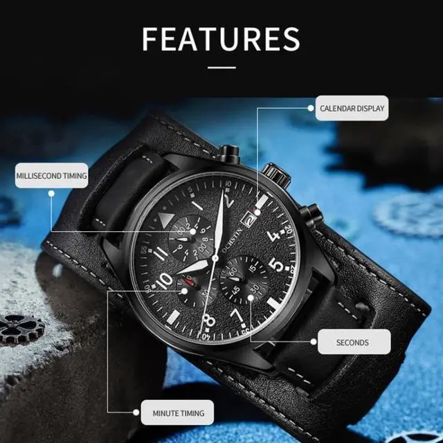 Alt view image 2 of 6 - Ochstin 7227 Multifunctional Business Leather Wrist Wrist Waterproof Quartz Watch (Black+Black)