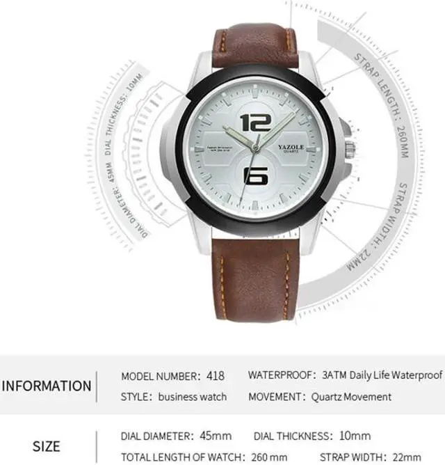 Alt view image 3 of 7 - YAZOLE 418 Sports Watch Casual Fashion Luminous Men Quartz Watch (White Tray Dark Brown Belt)
